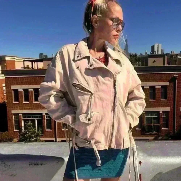 FREE PEOPLE Sz S DESTINY DENIM JACKET PIECED CROP JEAN JACKET light pink - Picture 4 of 5